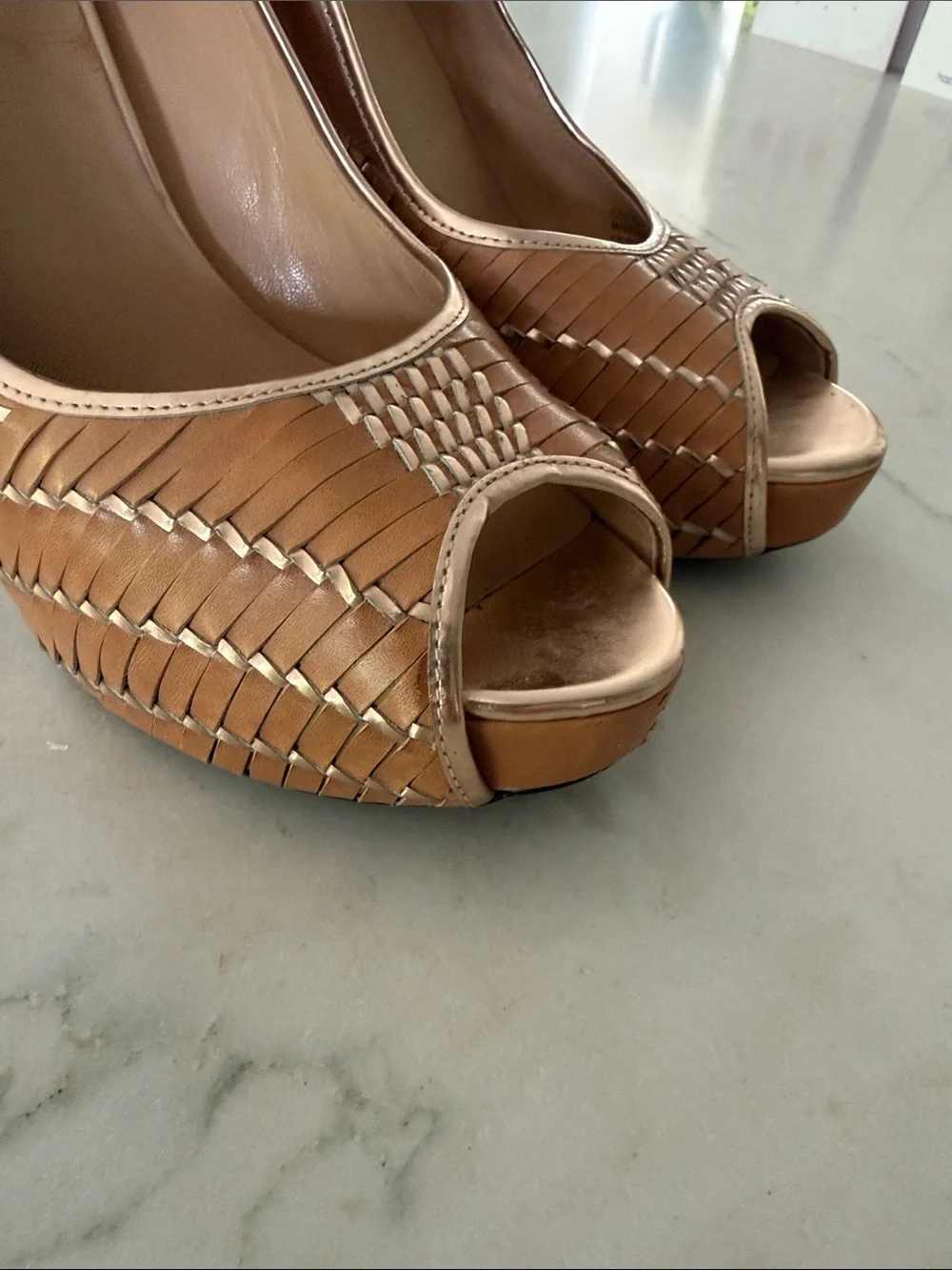 Cole Haan Nike collab Tan Woven Peep-Toe Leather Heels 9B